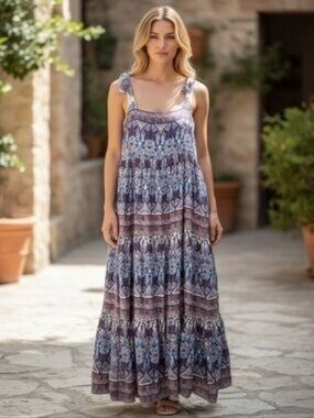 Caroline Constas Boho Tiered Maxi Dress Purple Printed Cotton XL